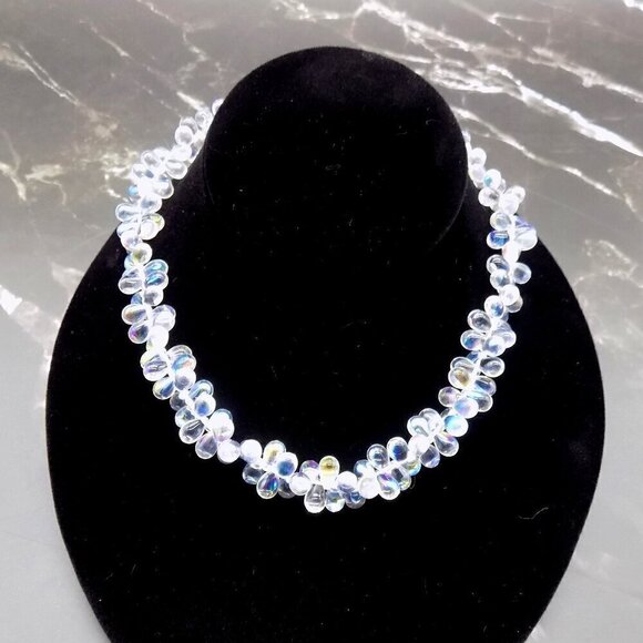 Vintage AB Aurora Borealis Choker Necklace Glass Teardrop Cluster Toggle Closure - Picture 1 of 8